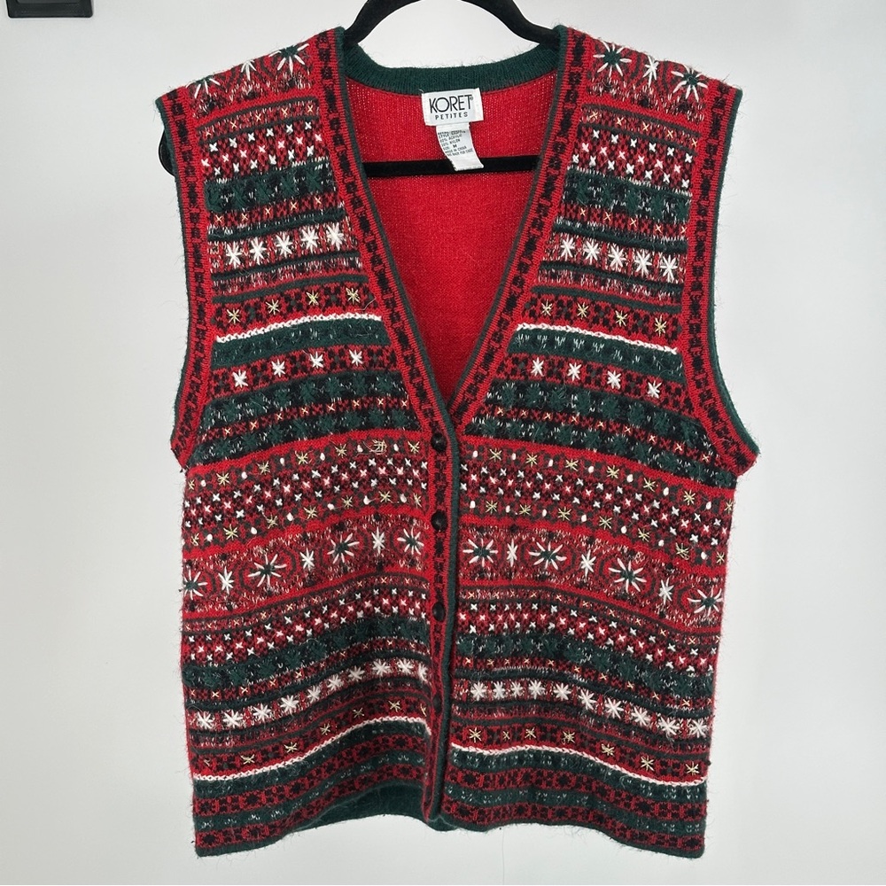Vintage Women’s Medium Koret Red Green Knit Ugly Christmas Sweater Vest 90’s‎